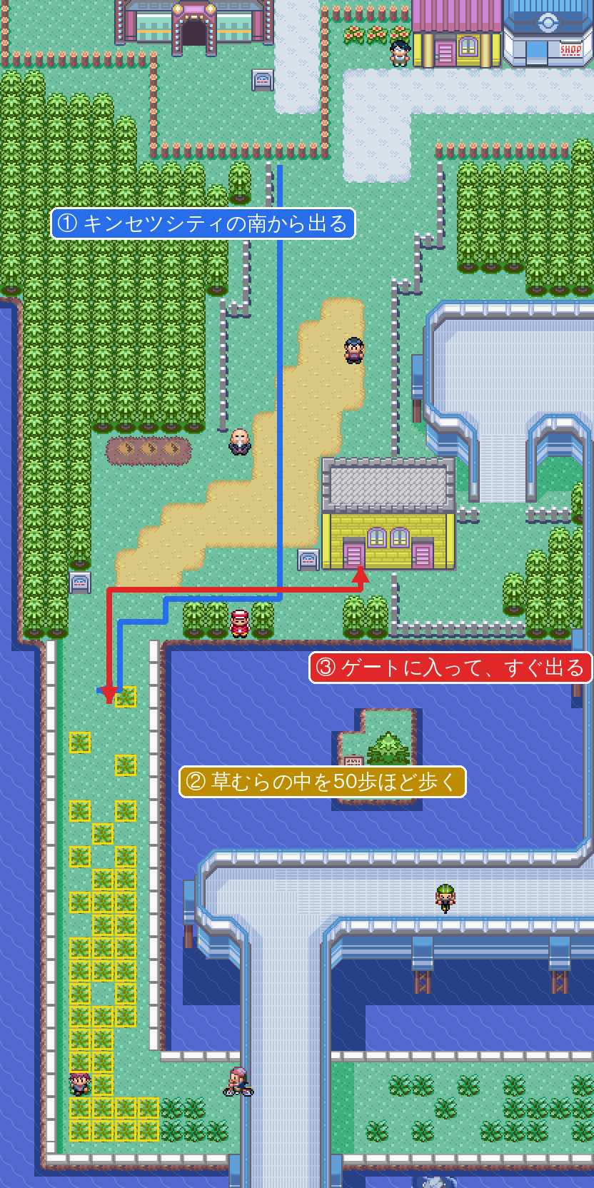 110番どうろ。①キンセツシティの南から出て、②草むらを歩き、③ゲートに入って出る。②と③をくり返す